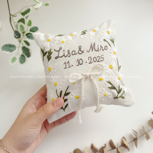 Custom Vintage Daisies Twig Bearer Pillow Linen Wedding Cushion Hand Embroidery Ring Holder Floral Ring Pillow Wedding Gift