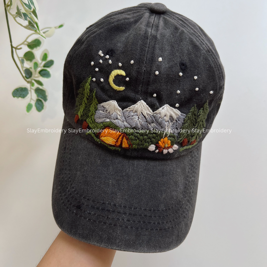 Night In The Mountains Summer Hand Embroidery Hat Vintage Hat Washed Baseball Cap