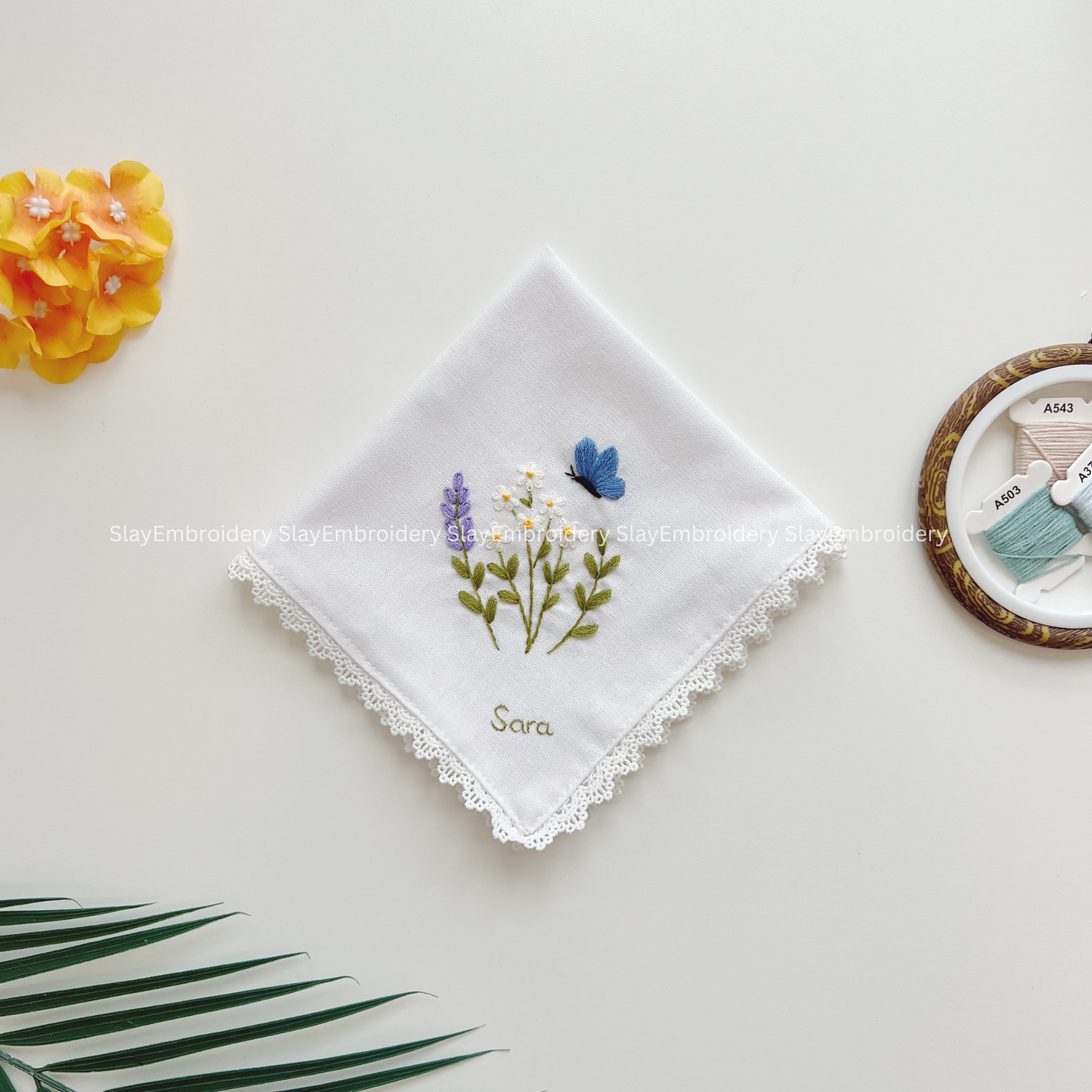 Daisy & Lavender Wedding Handkerchief, Custom Embroidered Handkerchief, Linen Handkerchiefs