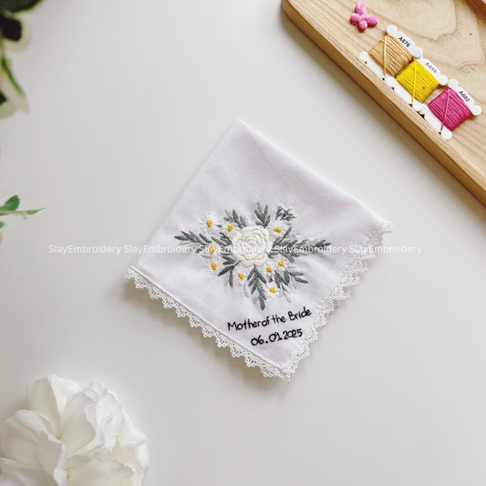 White Blossom Wedding Handkerchief, Custom Embroidered Handkerchief, Linen Handkerchiefs