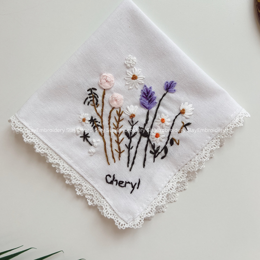 Meadow Bloom Wedding Handkerchief, Custom Embroidered Handkerchief, Linen Handkerchiefs