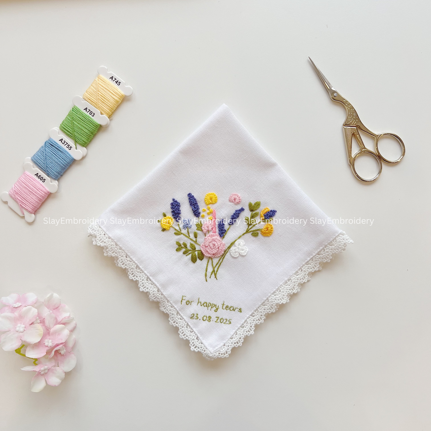 Wild Blooming Wedding Handkerchief, Custom Embroidered Handkerchief, Linen Handkerchiefs