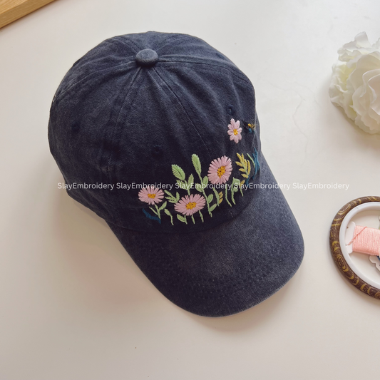 Daisy Tale Summer Hand Embroidery Hat Vintage Hat Washed Baseball Cap