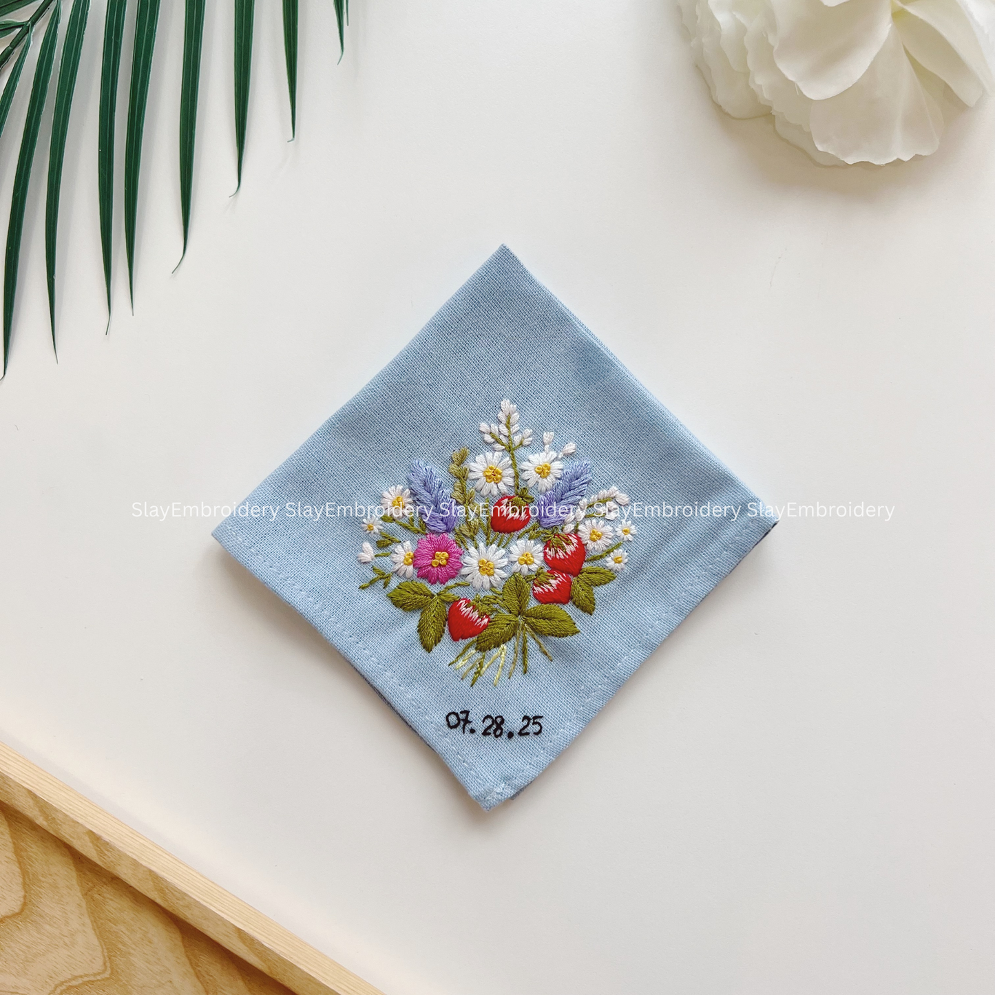 Wildflower Mix Wedding Handkerchief, Custom Embroidered Handkerchief