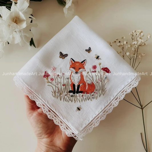 Custom Embroidered Fox Handkerchief, Ladies Embroidery Handkerchief, Linen Handkerchiefs, Custom Women Floral Handkerchiefs