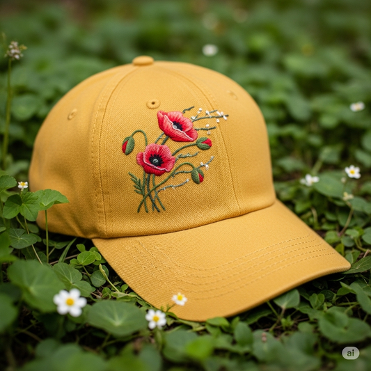 Lush Poppy Embroidery Hat Vintage Hat Washed Baseball Cap