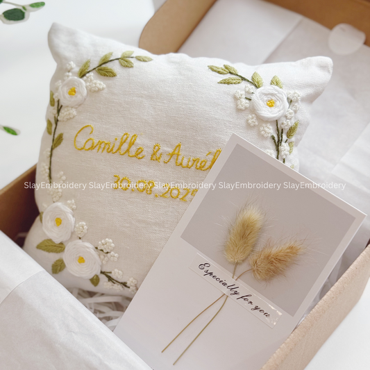 Custom Elegant White Roses Bearer Pillow Linen Wedding Cushion Hand Embroidery Ring Holder Floral Ring Pillow Wedding Gift