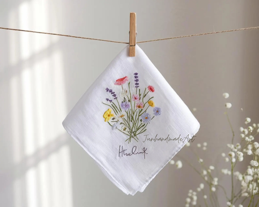 Embroidered Wedding Handkerchief – Custom Floral Hankie for Bride, Bridal Gift, Personalized with Name & Date, Gift for Bride