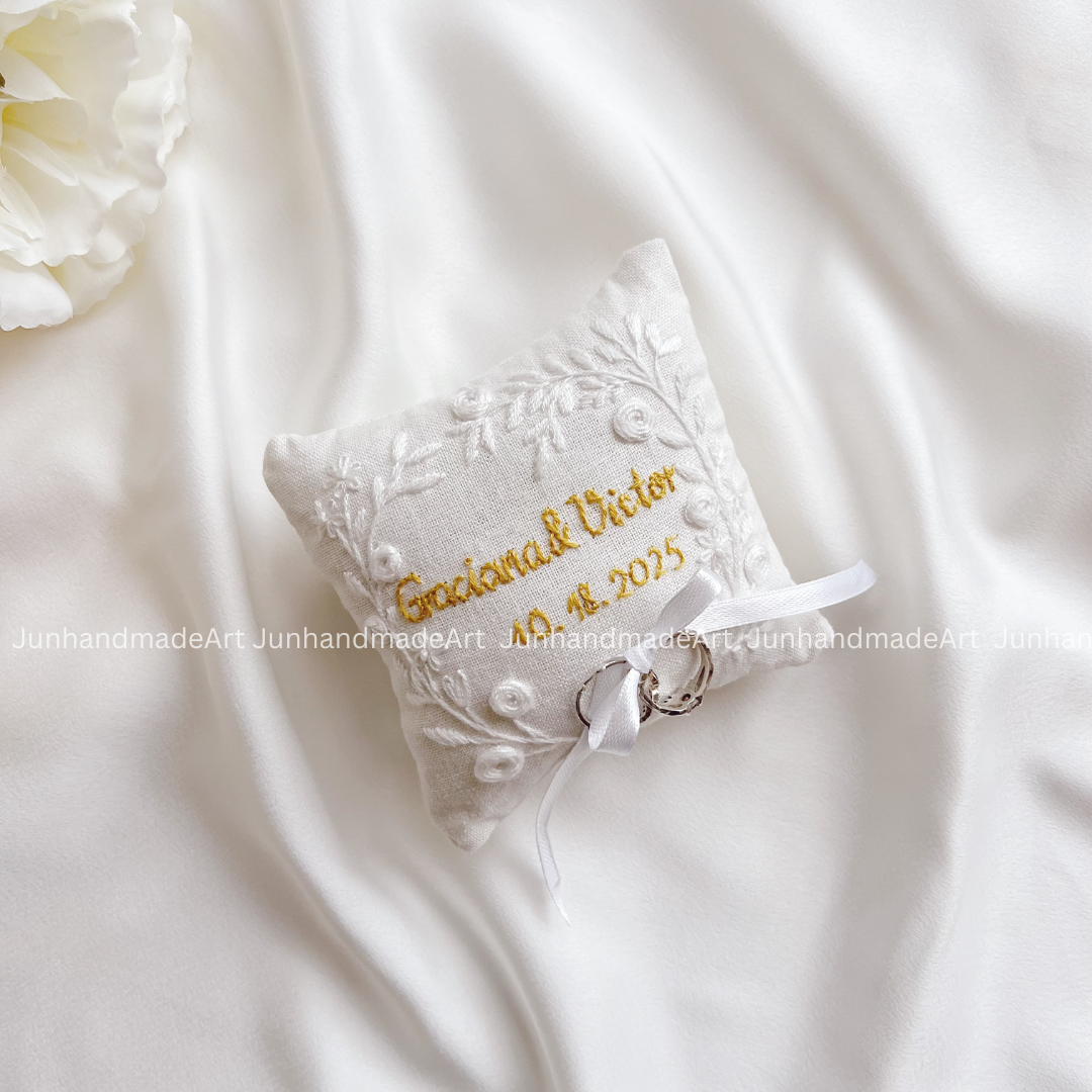 Silky Flower Bearer Pillow Linen Wedding Cushion Hand Embroidery Ring Holder Floral Ring Pillow Wedding Gift