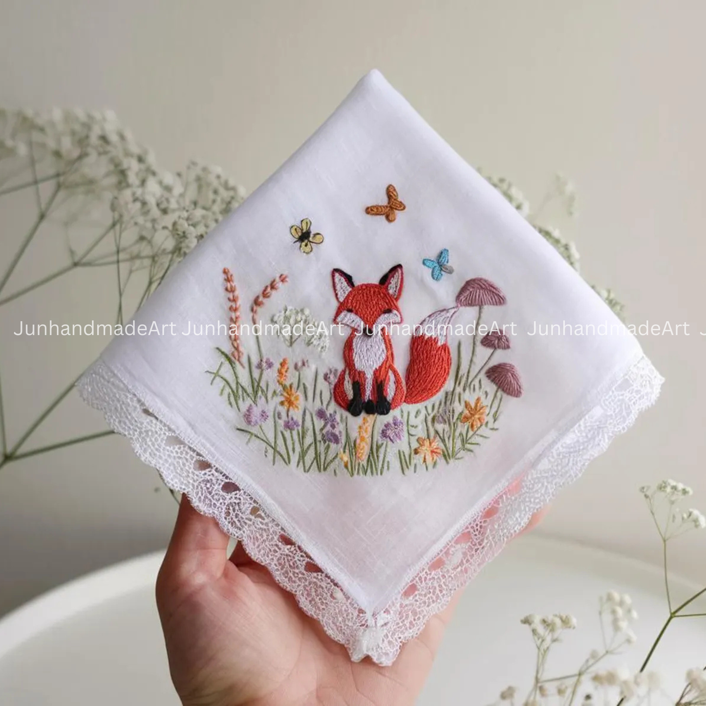 Custom Embroidered Fox Handkerchief, Ladies Embroidery Handkerchief, Linen Handkerchiefs, Custom Women Floral Handkerchiefs