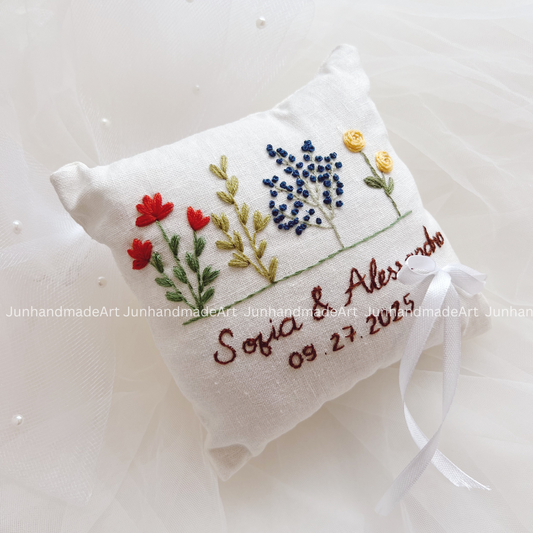 Lovely Dried Flowers Bearer Pillow Linen Wedding Cushion Hand Embroidery Ring Holder Floral Ring Pillow Wedding Gift