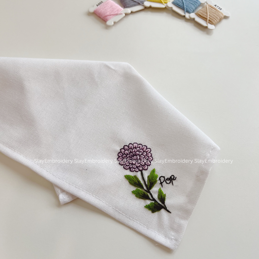 Dahlia Bloom Wedding Handkerchief, Custom Embroidered Handkerchief