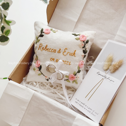 Custom Blooming Roses Bearer Pillow Linen Wedding Cushion Hand Embroidery Ring Holder Floral Ring Pillow Wedding Gift