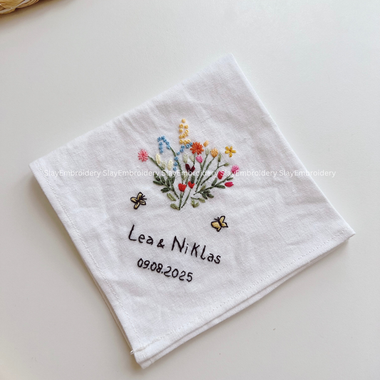 Wildflower Field Wedding Handkerchief, Custom Embroidered Handkerchief