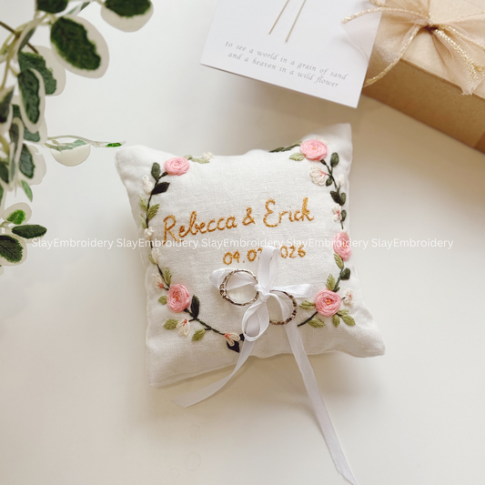 Custom Blooming Roses Bearer Pillow Linen Wedding Cushion Hand Embroidery Ring Holder Floral Ring Pillow Wedding Gift