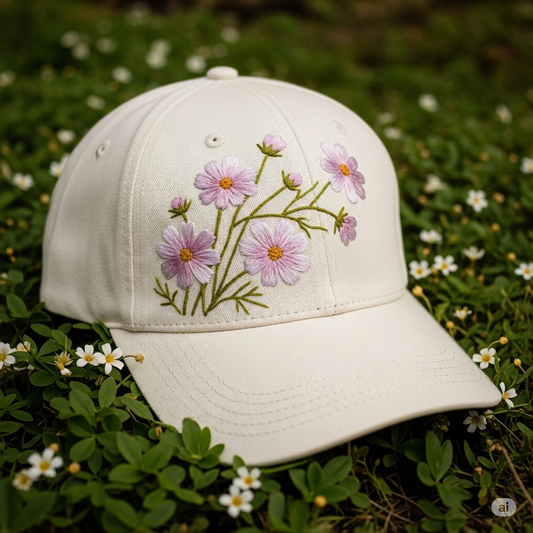 Pink Daisy Summer Hand Embroidery Hat Vintage Hat Washed Baseball Cap