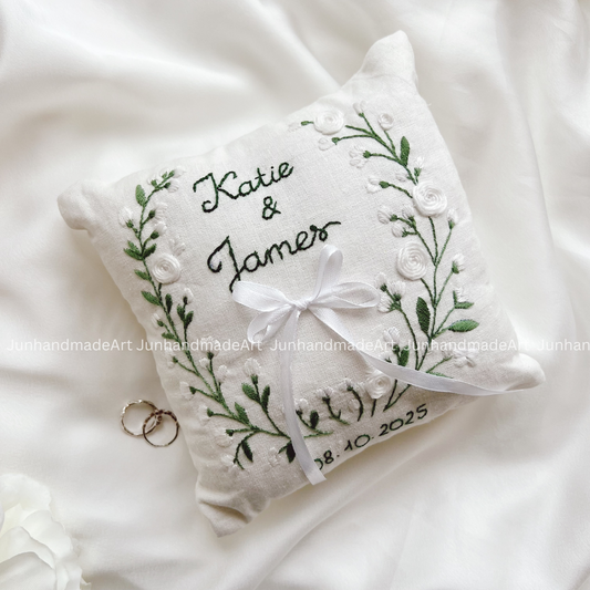 Fresh Twig Bearer Pillow Linen Wedding Cushion Hand Embroidery Ring Holder Floral Ring Pillow Wedding Gift