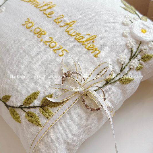 Custom Elegant White Roses Bearer Pillow Linen Wedding Cushion Hand Embroidery Ring Holder Floral Ring Pillow Wedding Gift
