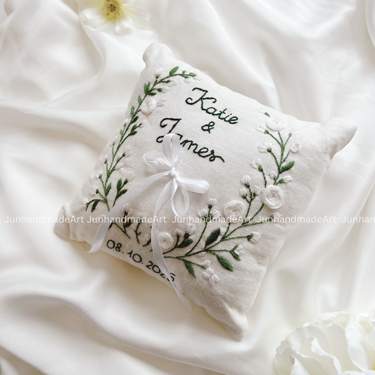 Fresh Twig Bearer Pillow Linen Wedding Cushion Hand Embroidery Ring Holder Floral Ring Pillow Wedding Gift