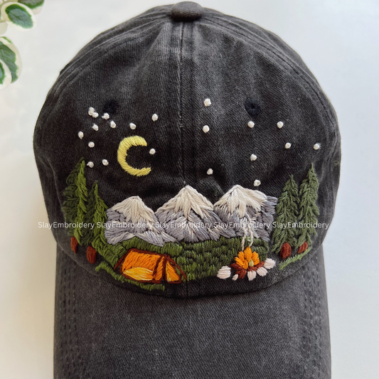 Night In The Mountains Summer Hand Embroidery Hat Vintage Hat Washed Baseball Cap