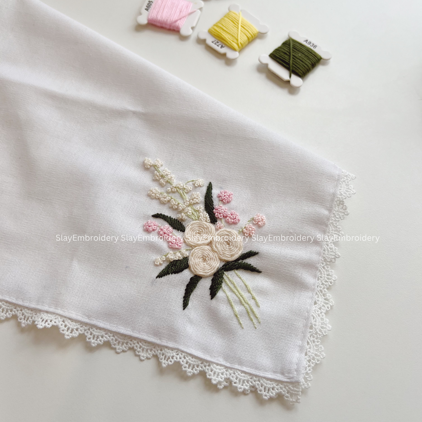 Ivory Rose Wedding Handkerchief, Custom Embroidered Handkerchief, Linen Handkerchiefs