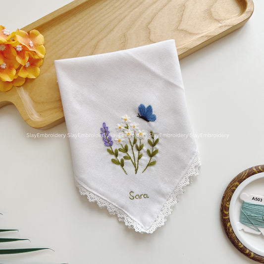 Daisy & Lavender Wedding Handkerchief, Custom Embroidered Handkerchief, Linen Handkerchiefs