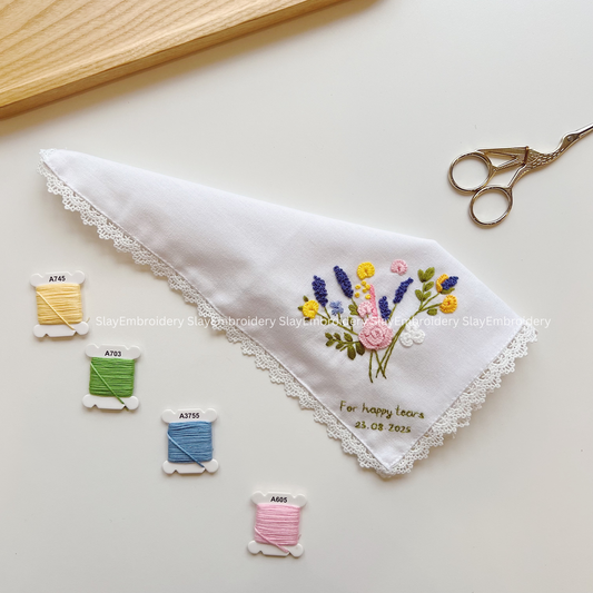 Wild Blooming Wedding Handkerchief, Custom Embroidered Handkerchief, Linen Handkerchiefs