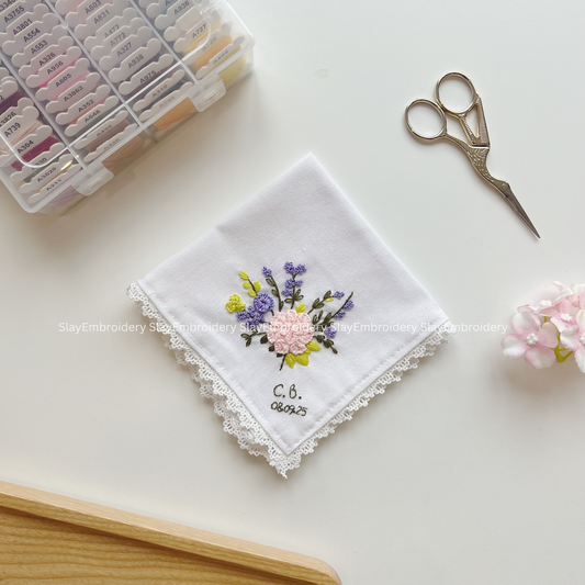 Pastel Garden Wedding Handkerchief, Custom Embroidered Handkerchief, Linen Handkerchiefs