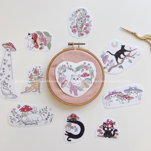 Cat & Mushroom Embroidery Pattern For Beginner Easy To Use Stick and Stitch