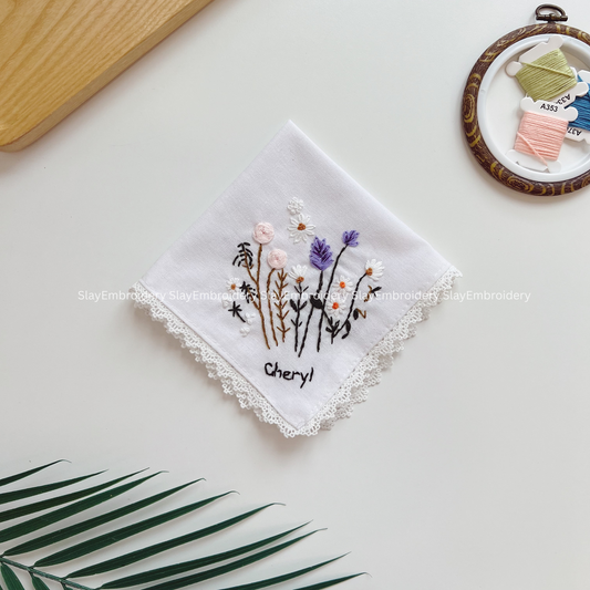 Meadow Bloom Wedding Handkerchief, Custom Embroidered Handkerchief, Linen Handkerchiefs