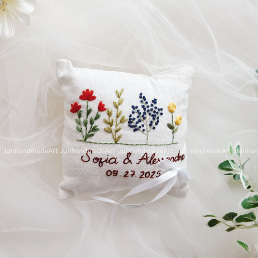 Lovely Dried Flowers Bearer Pillow Linen Wedding Cushion Hand Embroidery Ring Holder Floral Ring Pillow Wedding Gift