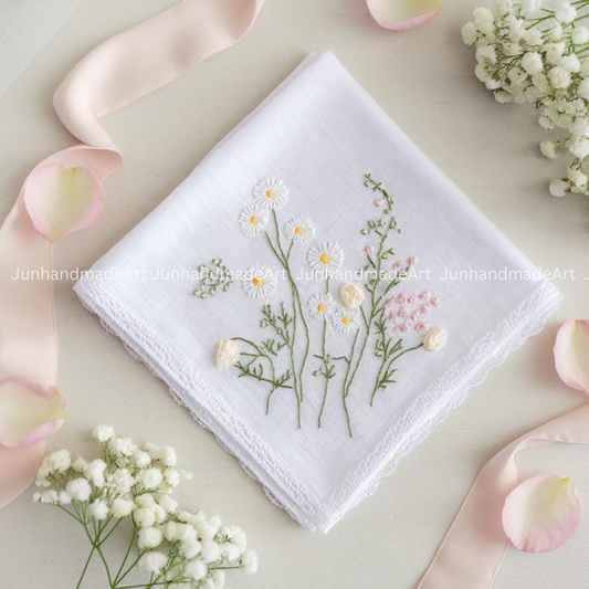 Embroidered Wedding Handkerchief – Custom Floral Hankie for Bride, Bridal Gift, Personalized with Name & Date, Gift for Bride
