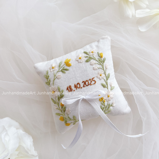 WIld Flower Bearer Pillow Linen Wedding Cushion Hand Embroidery Ring Holder Floral Ring Pillow Wedding Gift
