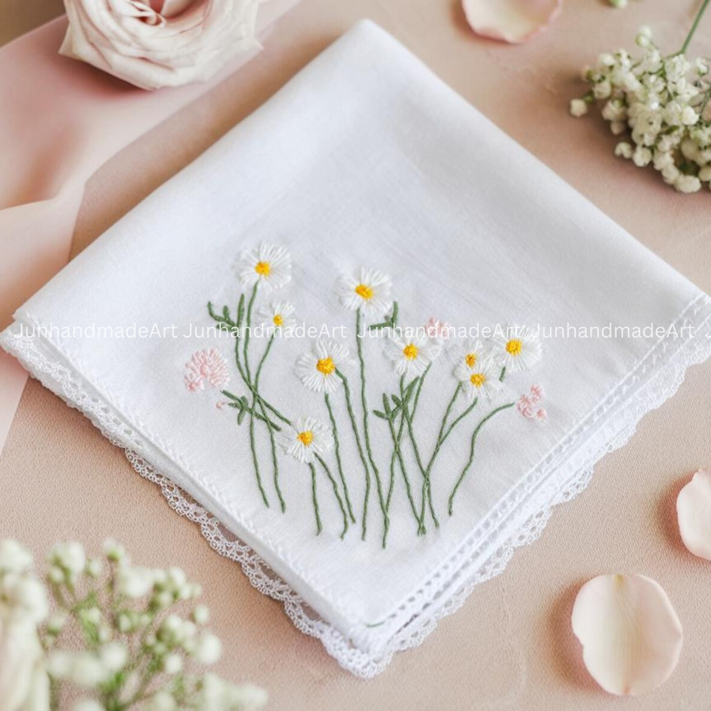 Embroidered Wedding Handkerchief – Custom Floral Hankie for Bride, Bridal Gift, Personalized with Name & Date, Gift for Bride