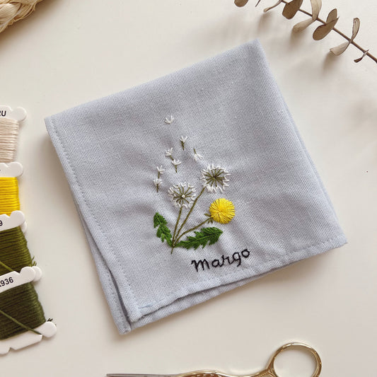 Dandelion Flowers Wedding Handkerchief, Custom Embroidered Handkerchief