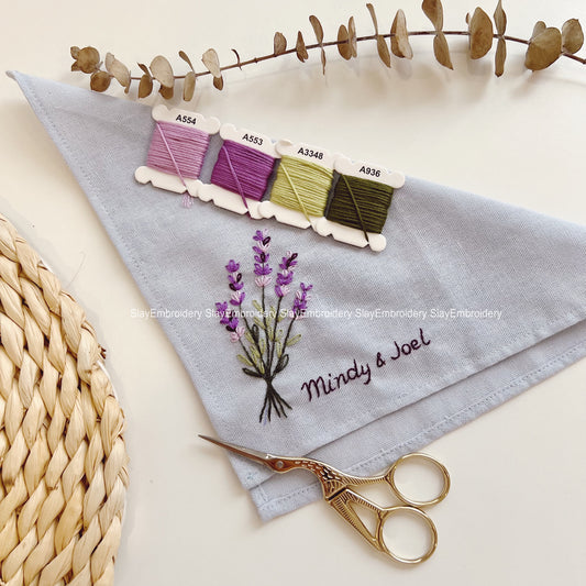 Purple Lavenders Wild Flowers Wedding Handkerchief, Custom Embroidered Handkerchief, Linen Handkerchiefs