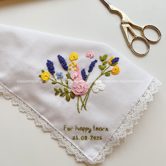 Wild Blooming Wedding Handkerchief, Custom Embroidered Handkerchief, Linen Handkerchiefs