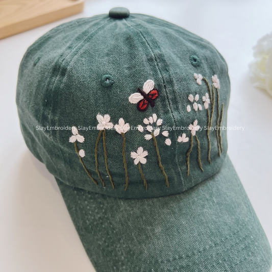 Falling Sakura Summer Hand Embroidery Hat Vintage Hat Washed Baseball Cap