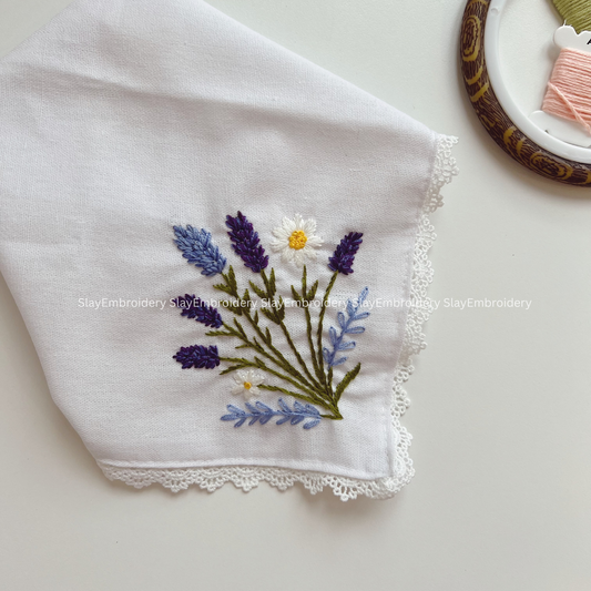 Lavender & Daisy Wedding Handkerchief, Custom Embroidered Handkerchief, Linen Handkerchiefs