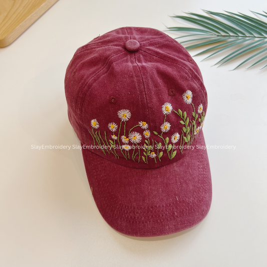 Daisy Meadow Summer Hand Embroidery Hat Vintage Hat Washed Baseball Cap