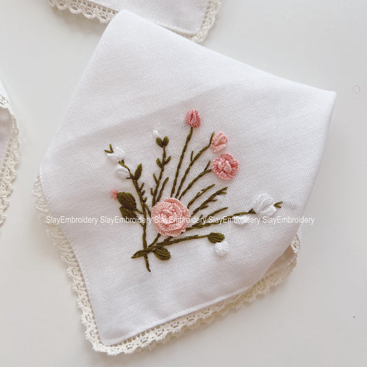 Dusty Pink Roses Wedding Handkerchief, Custom Embroidered Handkerchief, Linen Handkerchiefs
