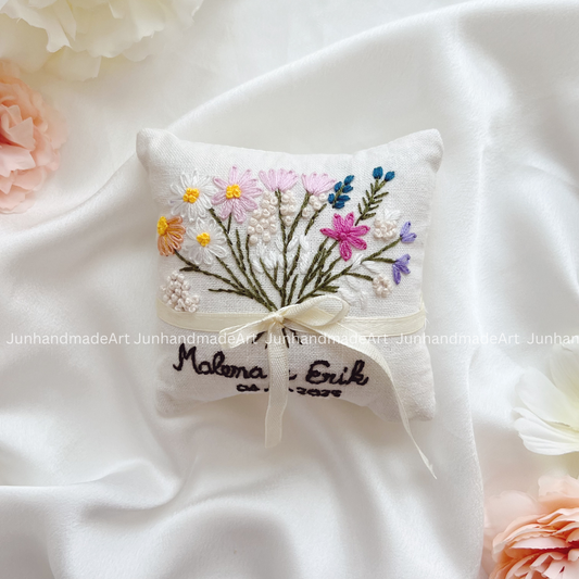 Colorful Wild Flowers Bearer Pillow Linen Wedding Cushion Hand Embroidery Ring Holder Floral Ring Pillow Wedding Gift