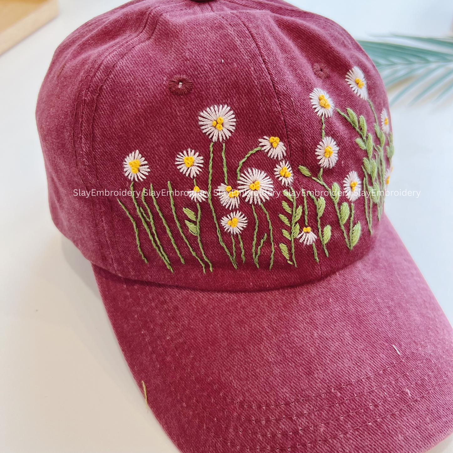 Daisy Meadow Summer Hand Embroidery Hat Vintage Hat Washed Baseball Cap