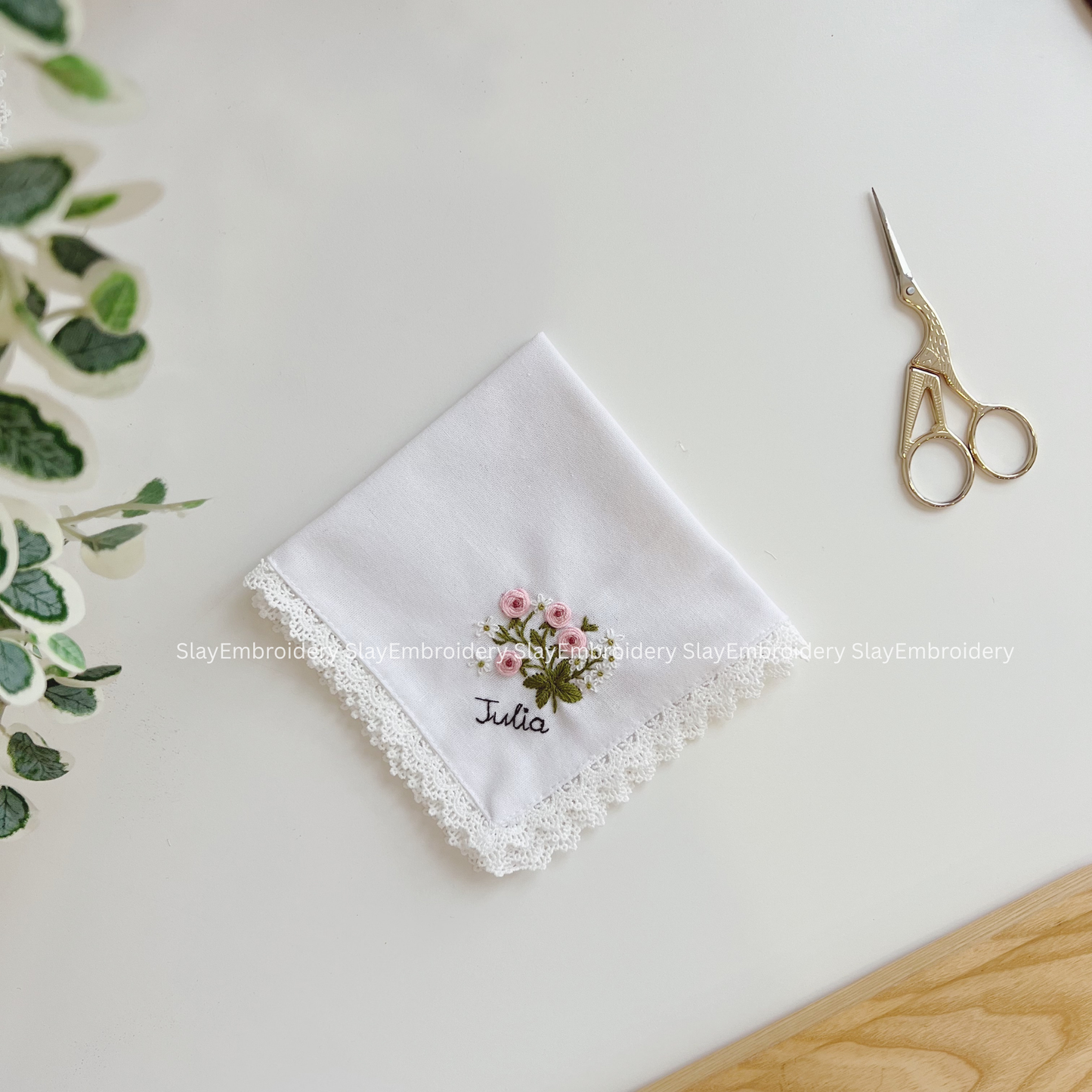 Whispering Roses Wedding Handkerchief, Custom Embroidered Handkerchief, Linen Handkerchiefs