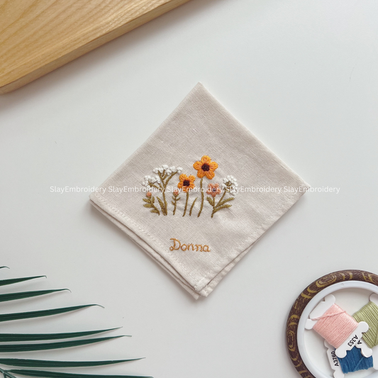 Daisy Sunshine Wedding Handkerchief, Custom Embroidered Handkerchief