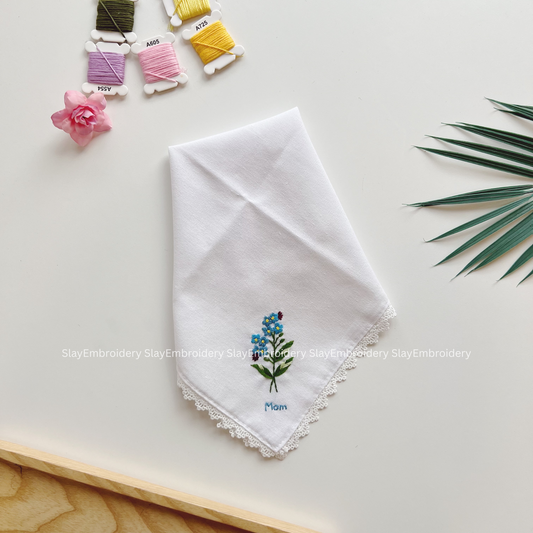 Blue Daisy Whisper Wedding Handkerchief, Custom Embroidered Handkerchief, Linen Handkerchiefs