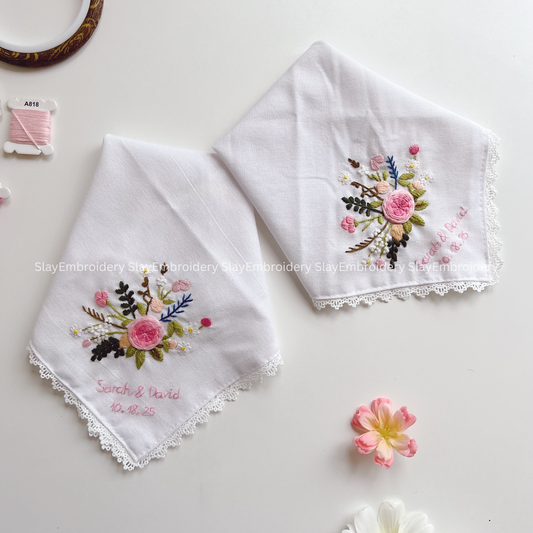 Wild Flower Couple Wedding Handkerchief, Custom Embroidered Handkerchief, Linen Handkerchiefs