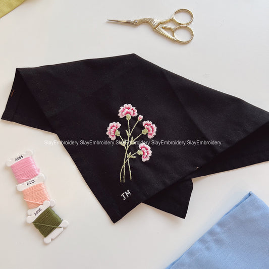 Carnation Flowers Wedding Handkerchief, Custom Embroidered Handkerchief, Linen Handkerchiefs