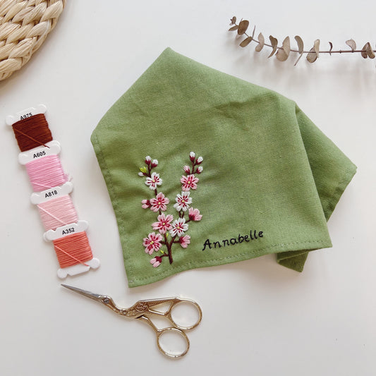 Cherry Blossoms Flowers Wedding Handkerchief, Custom Embroidered Handkerchief