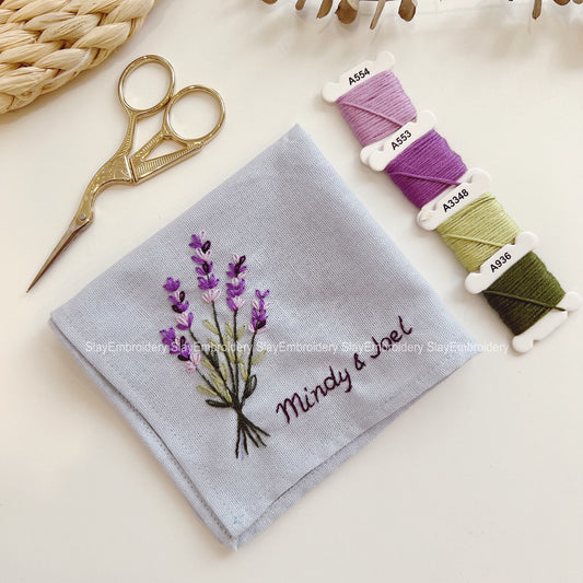 Purple Lavenders Wild Flowers Wedding Handkerchief, Custom Embroidered Handkerchief, Linen Handkerchiefs